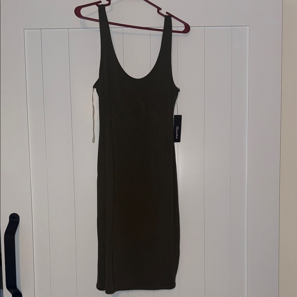 Shinestar Khaki Sleeveless Midi Dress